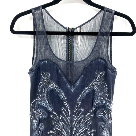 Free People Ice Ice Baby Beaded Sapphire Blue Mesh Beaded Mini Dress Size XS - Picture 3 of 10